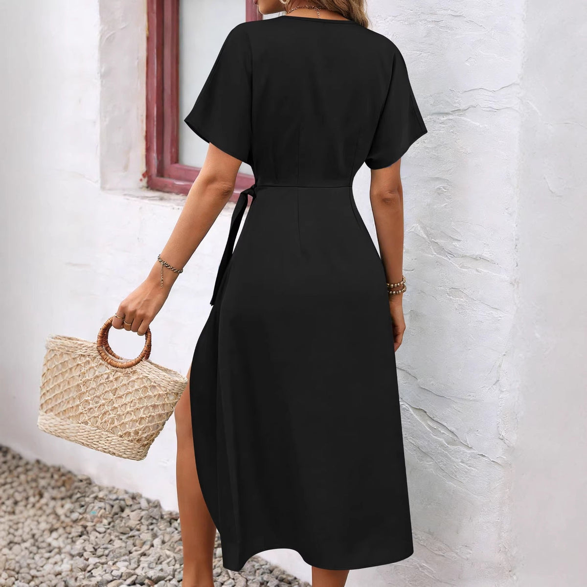 Independent Site European And American Cross-border Satin V-neck Tea Dress Elegant And Stylish With Tie Waist Women&