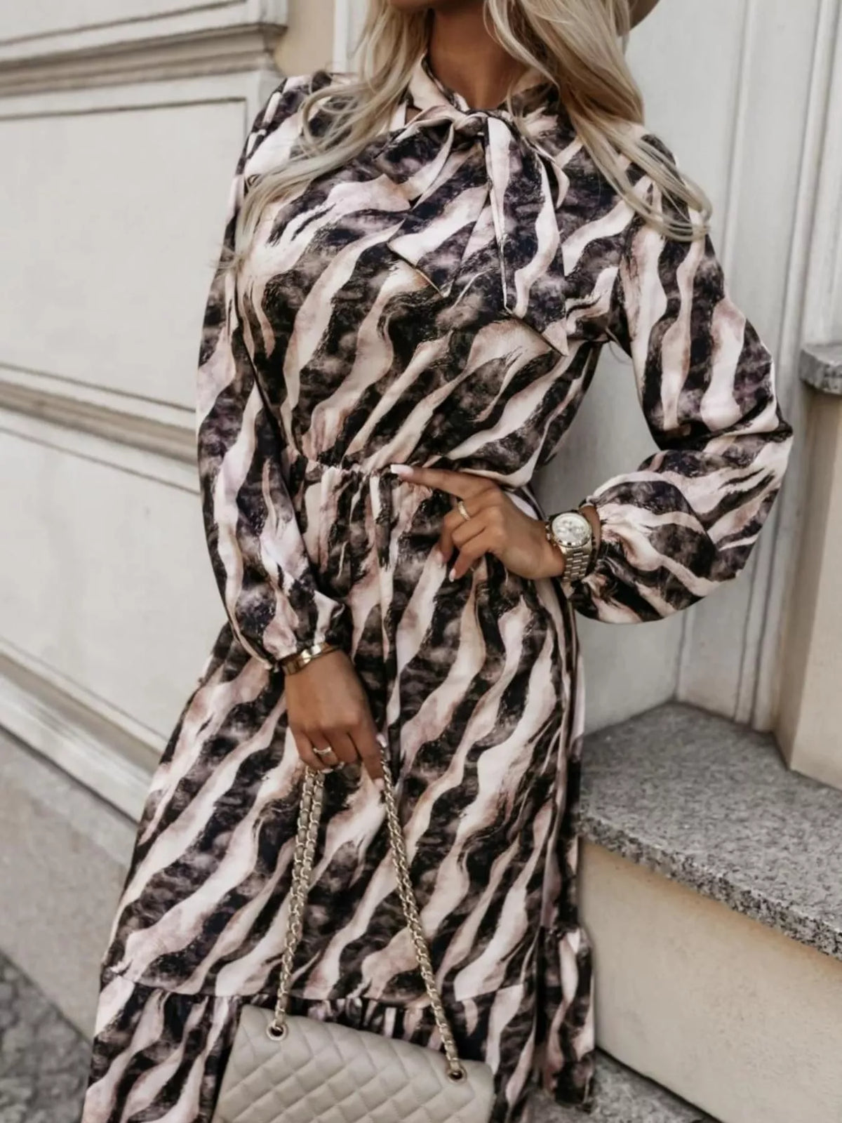 Ruffled Hem Striped Long Sleeve Dress