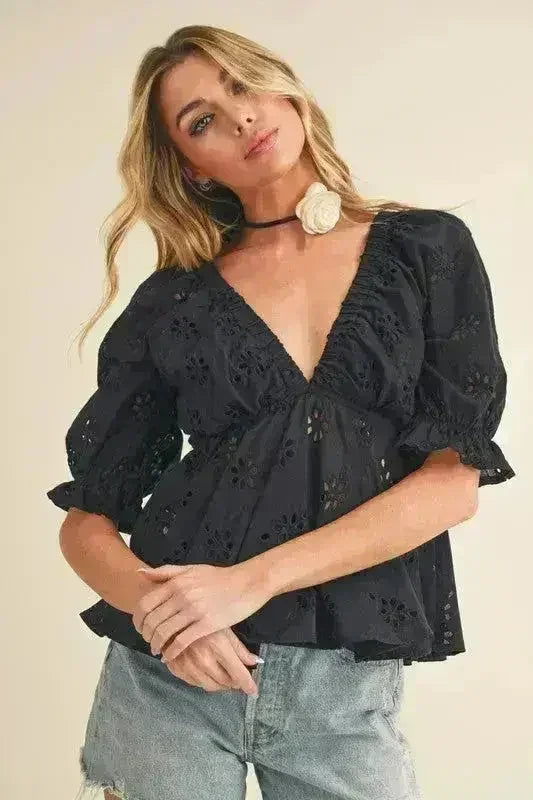 Aemi + Co Eyelet Embroidered V-Neck Half Sleeve Peplum Blouse
