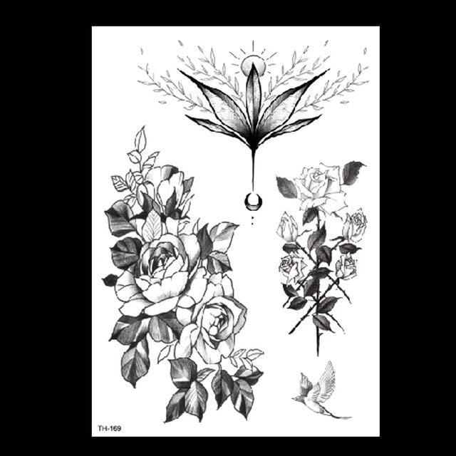 49 Sheets Waterproof Temporary Black Sketches Flowers Tattoo Stickers Flower Rose Tattoos For Women Adults