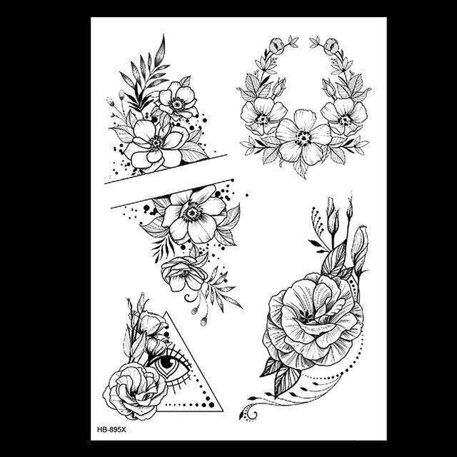 49 Sheets Waterproof Temporary Black Sketches Flowers Tattoo Stickers Flower Rose Tattoos For Women Adults