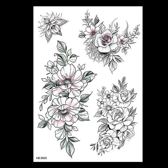 49 Sheets Waterproof Temporary Black Sketches Flowers Tattoo Stickers Flower Rose Tattoos For Women Adults