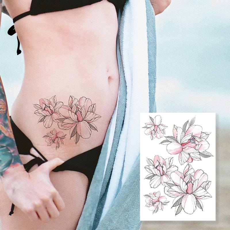 49 Sheets Waterproof Temporary Black Sketches Flowers Tattoo Stickers Flower Rose Tattoos For Women Adults
