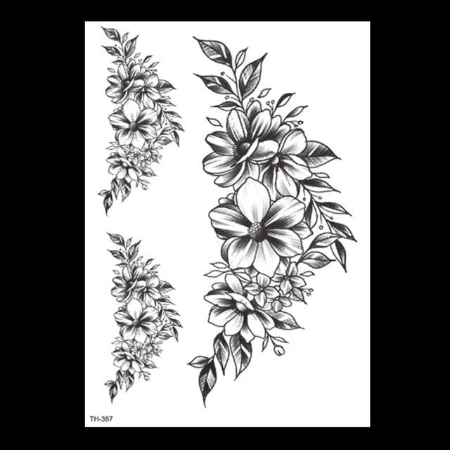 49 Sheets Waterproof Temporary Black Sketches Flowers Tattoo Stickers Flower Rose Tattoos For Women Adults