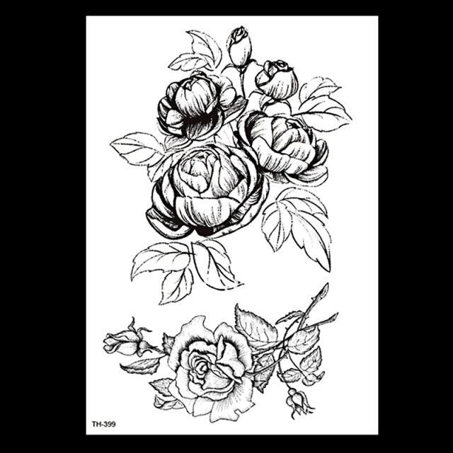 49 Sheets Waterproof Temporary Black Sketches Flowers Tattoo Stickers Flower Rose Tattoos For Women Adults