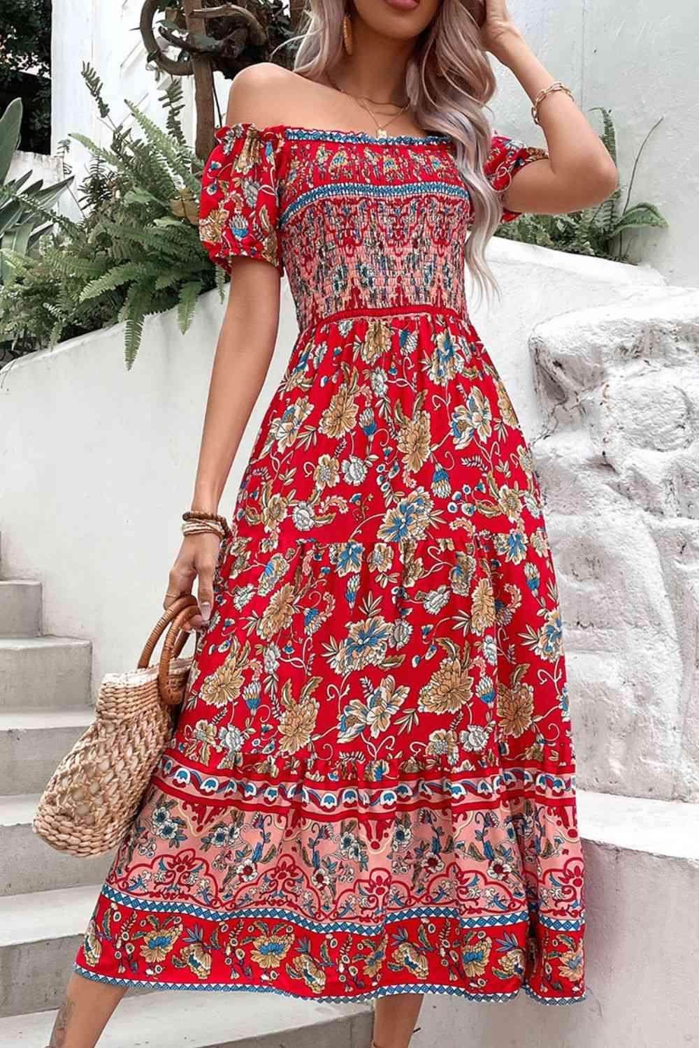 Perfee Floral Off-Shoulder Smocked Midi Dress for Women