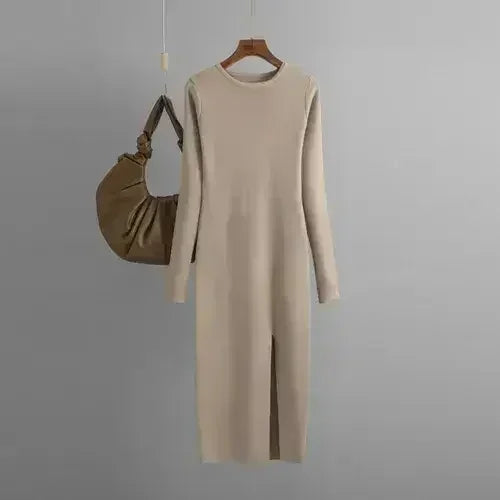 Autumn And Winter Long Sleeve Knitted Backless Round Neck Dress
