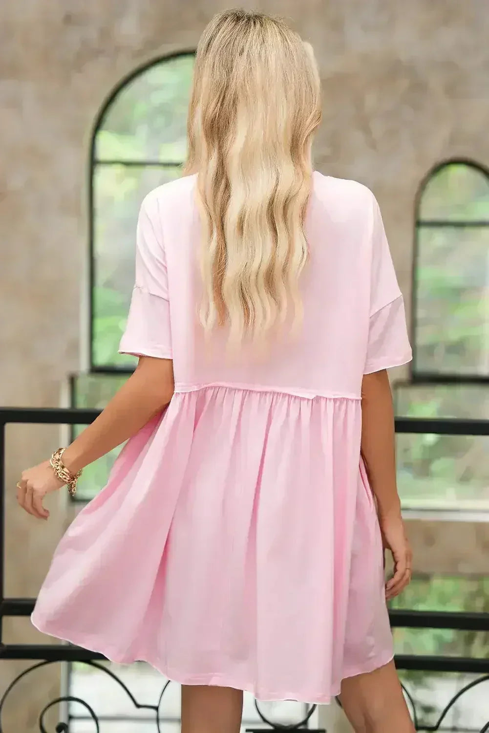 Sky Blue Solid Color Pocket Raw Edge Babydoll Dress