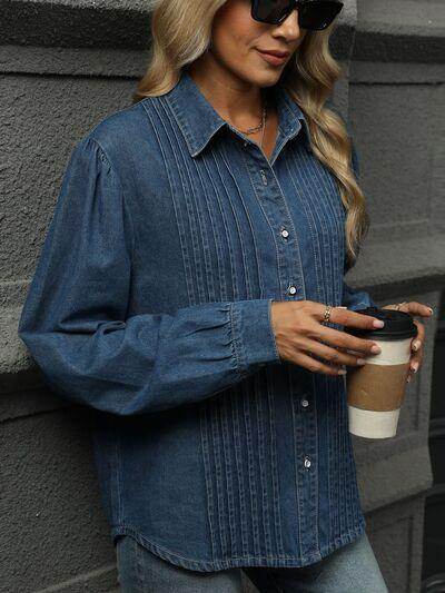 Button Down Collared Neck Long Sleeve Denim Top for Women