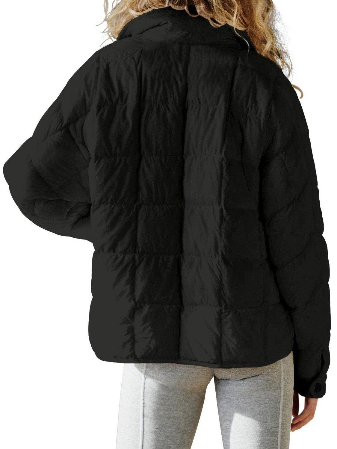 Pocketed Plaid Quilted Zip Up Winter Coat for Women