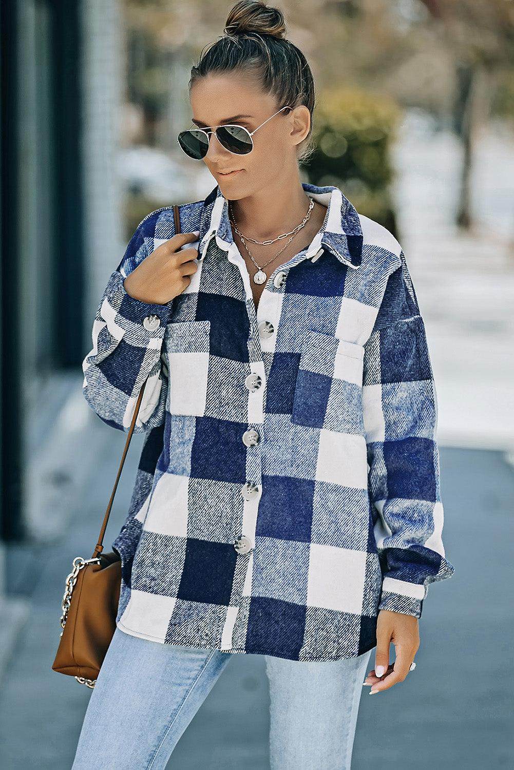 Plaid Button Up Dropped Shoulder Jacket for Women Stylish