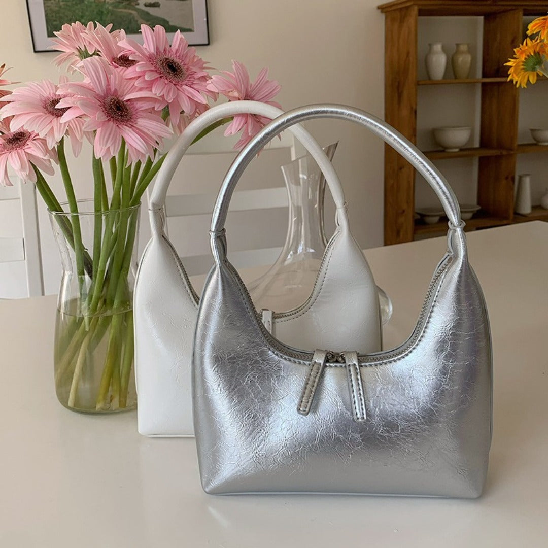Silver mini hobo shoulder bag, small shoulder purse, women&