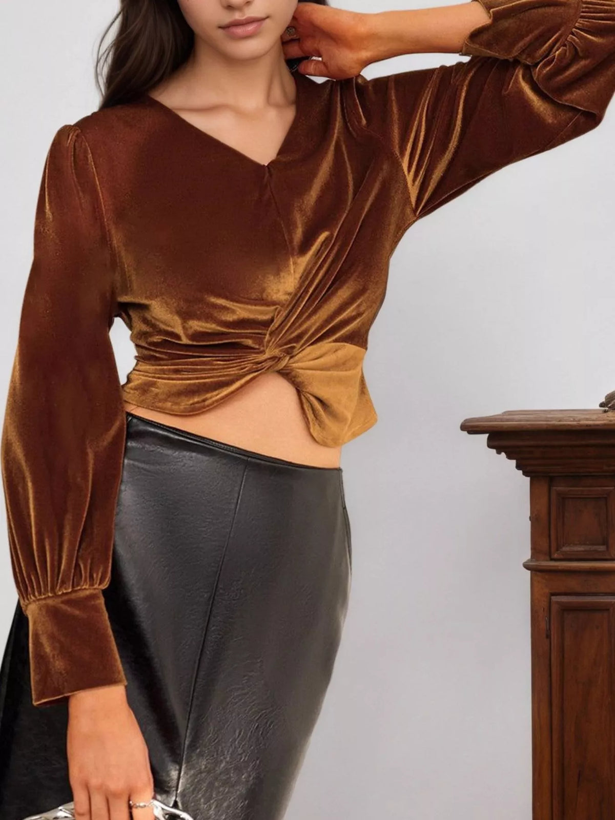 Twisted V-Neck Long Sleeve Blouse