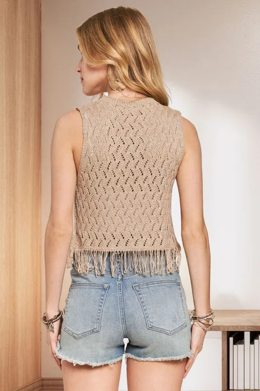ADORA Fringe Hem Lurex Crochet Vest Top