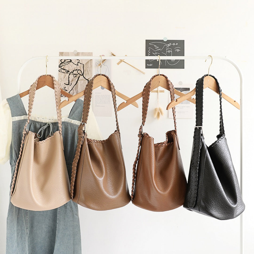 Elegant Woven Shoulder Strap Bucket Bag for Female - Versatile Texture Soft PU Retro Casual Tote
