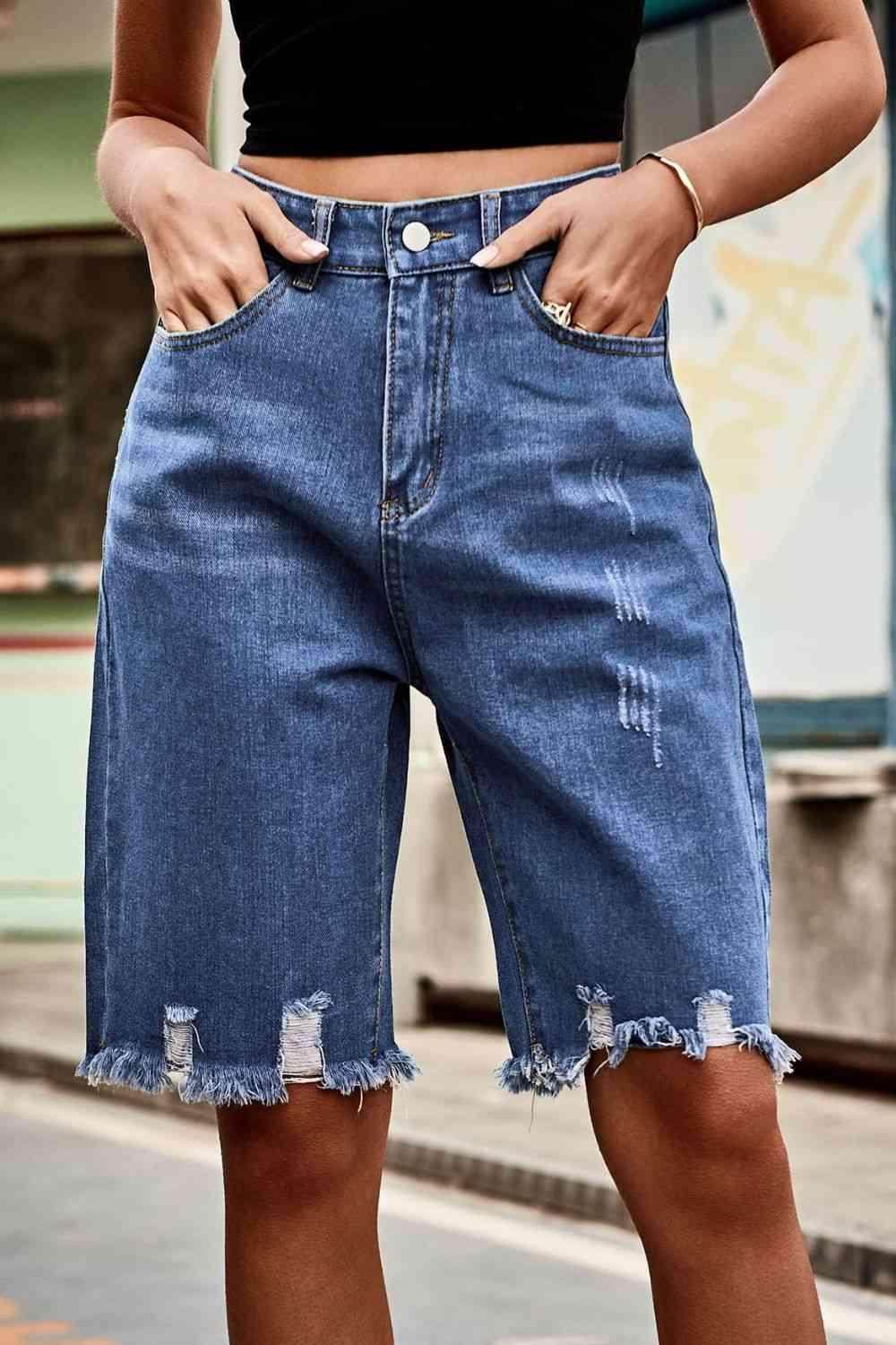Raw Hem High Waist Denim Shorts with Pockets for Women