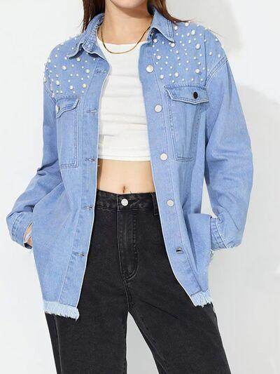 Raw Hem Pearl Trim Collared Neck Denim Top for Women