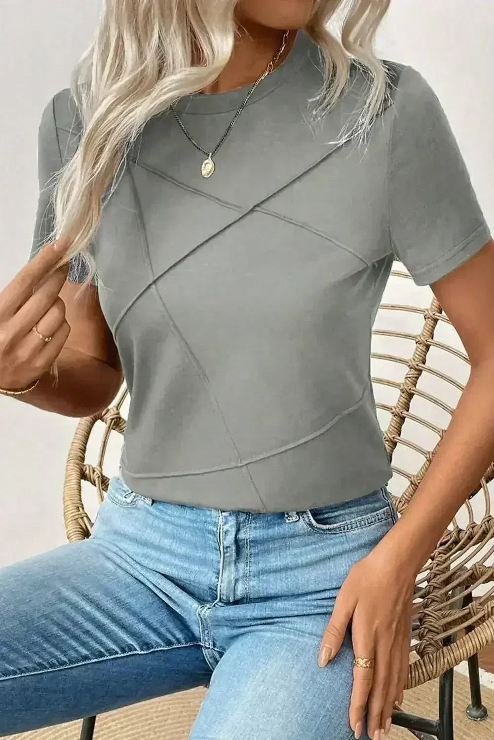 Dirty Blue Solid Color Round Neck T Shirt