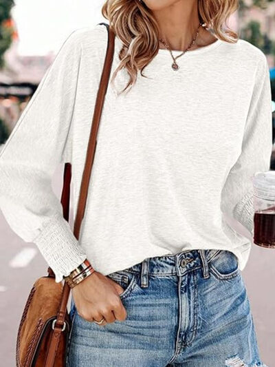 Round Neck Smocked Lantern Sleeve T-Shirt