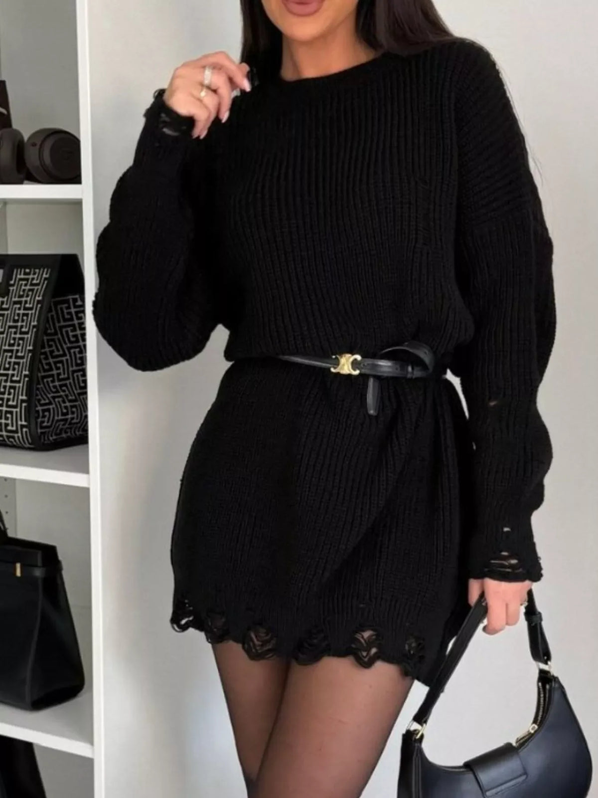 Distressed Round Neck Drop Shoulder Sweater Dress