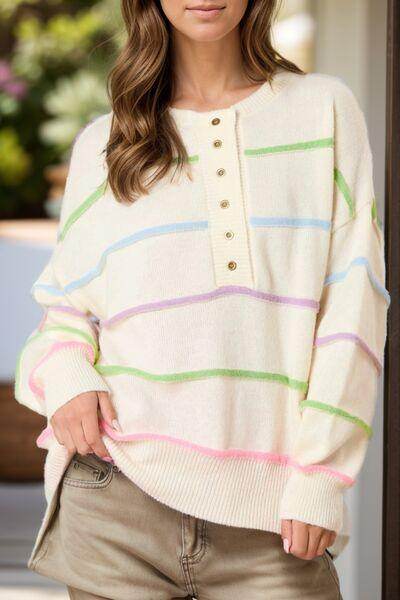Contrast Striped Half Button Round Neck Sweater for Women