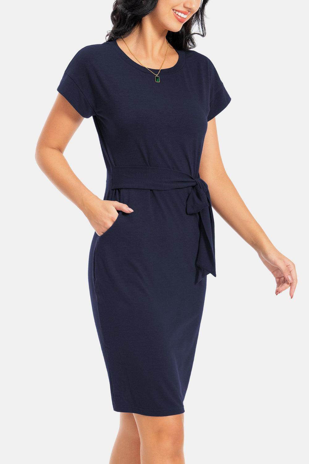 Tie Front Round Neck Short Sleeve Dress for Women