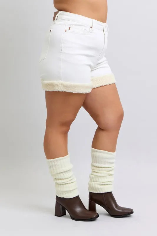 Judy Blue Full Size High Waist Shearling Cuff Denim Shorts Plus Size