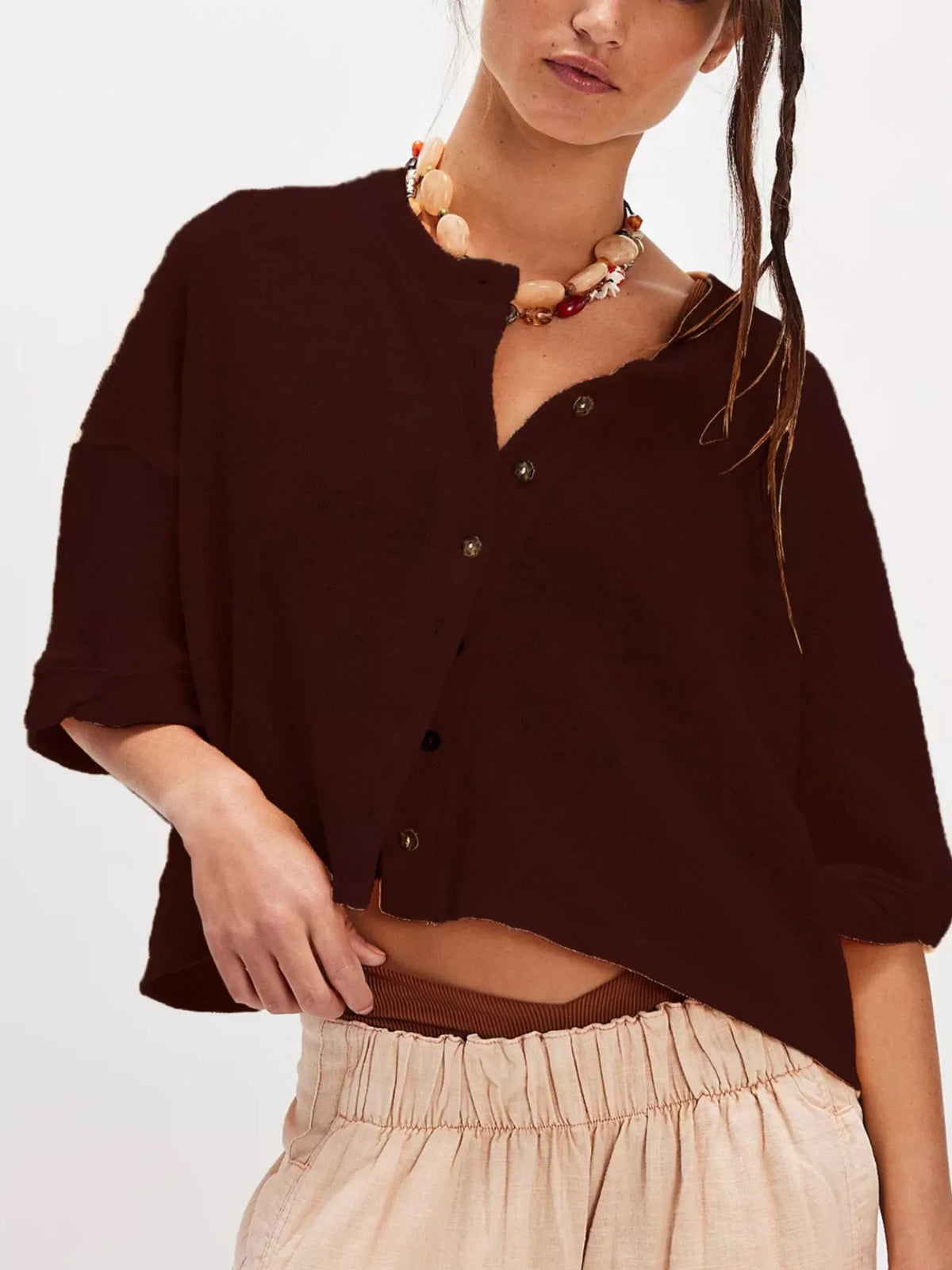 Button-Front Half Sleeve Cardigan