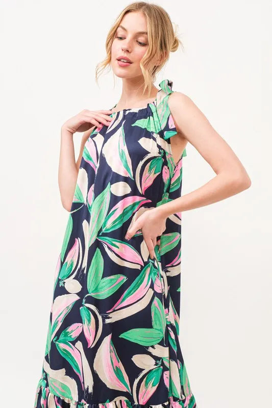 And The Why Botanical Printed Halterneck Tiered Maxi Dress