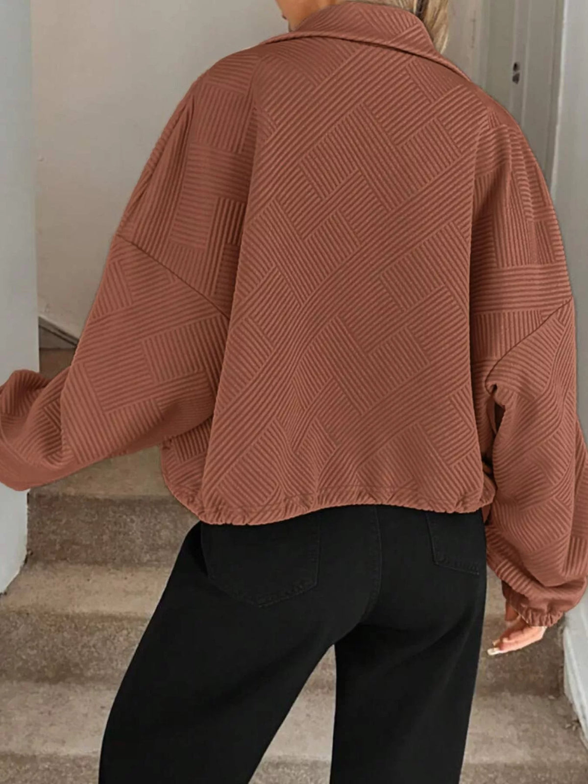 Textured Zip-Up Drawstring Hem Jacket