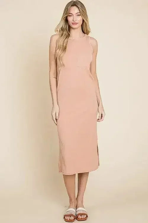 BOMBOM Ribbed Knit Sleeveless Midi Dress