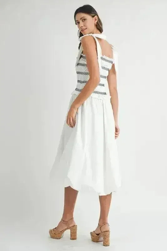 MABLE Smocked Bodice Bubble Midi Dress