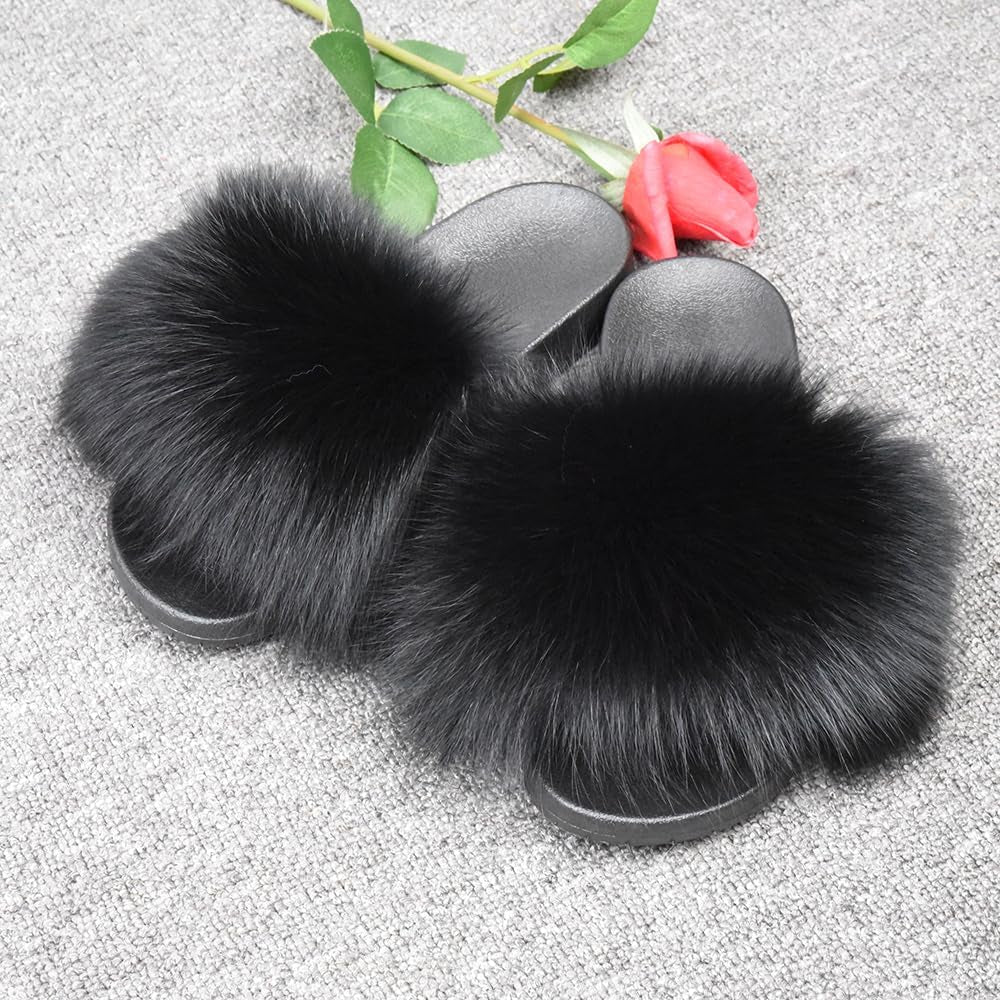 Real Fox Fur Slides for Women - Fluffy Fur Slippers Open Toe Flat Sandals for Outdoor