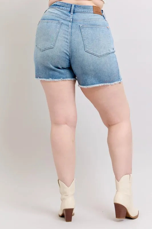 Judy Blue Full Size High Waist Western Embroidery Detail Cut Off Denim Shorts Plus Size