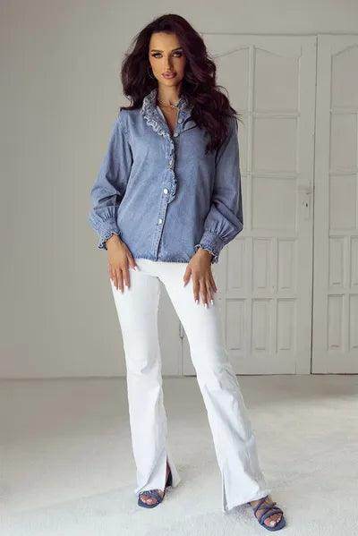 Frill Button Up Long Sleeve Denim Top for Stylish Women