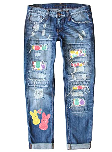 American Flag Pants - Astylish Womens Plaid Patch Ripped Boyfriend Distressed Stretch Skinny Denim Jeans with Hole