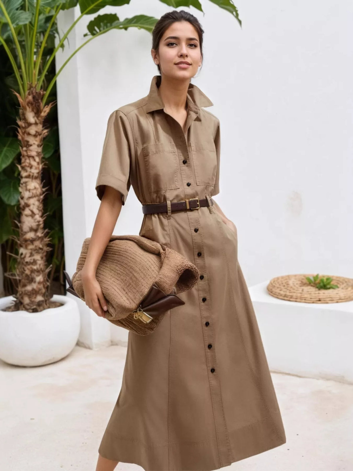 Button Front Short Sleeve Shirt Dress
