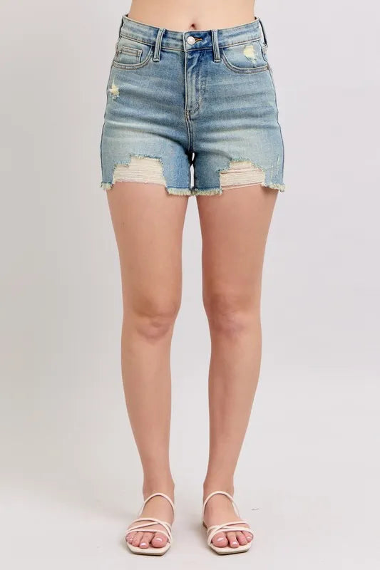 Judy Blue Full Size High Rise Washed Fly Stitch Detail and Destroy Denim Shorts Plus Size