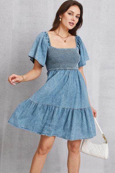 Smocked Square Neck Mini Denim Dress for Women Stylish