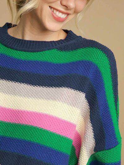 Contrast Striped Round Neck Long Sleeve Sweater for Women