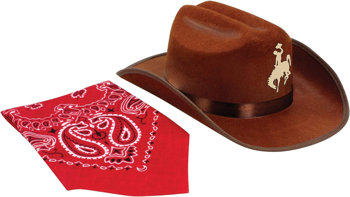 Jr Brown Cowboy Bronco Logo Hat with Red Bandana Kids Child Hat