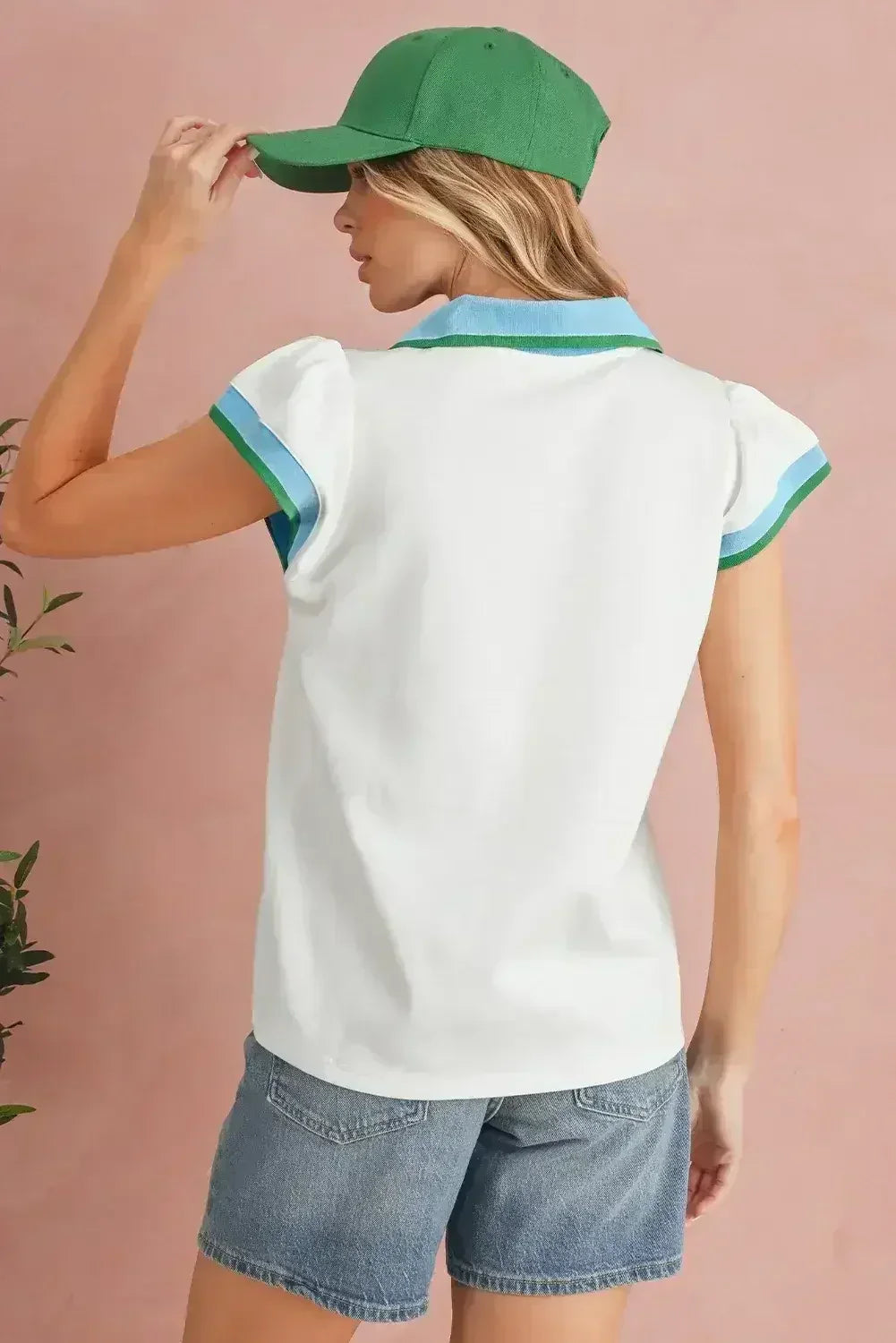 Beau Blue Color Collared V Neck Ruffle Sleeve Blouse | Femstylo