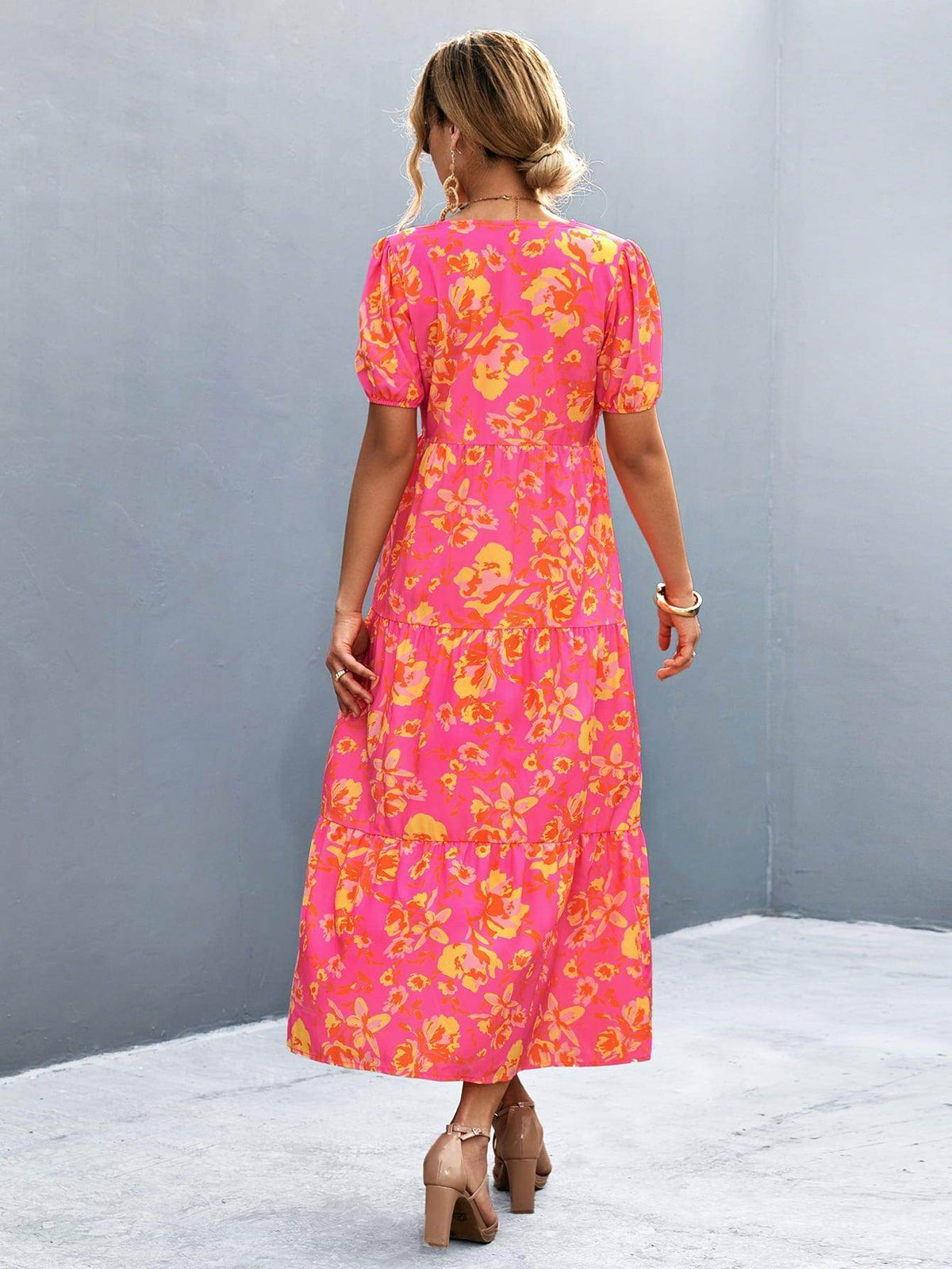 V-Neck Short Sleeve High Slit Midi Dress for Chic Style