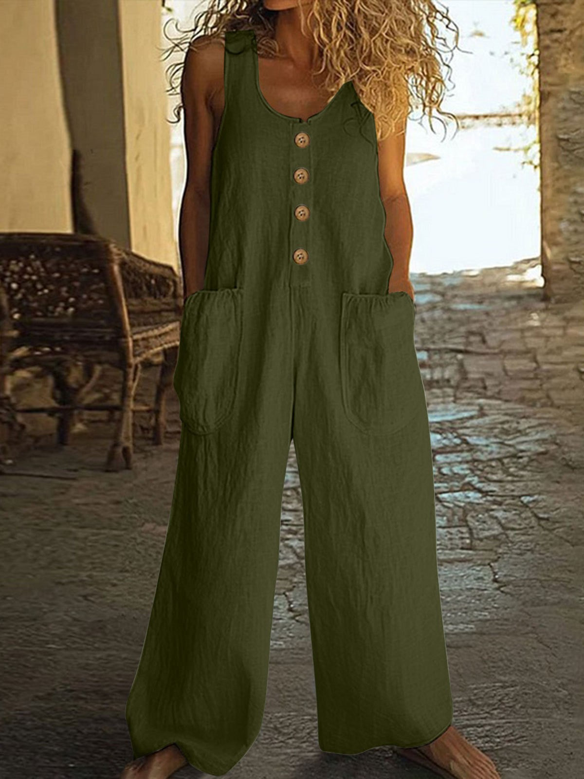 Summer New European-style Wide-leg Jumpsuit For Women, Sleeveless, Buttoned Pockets, Relaxed Fit, Casual Strap Pants.