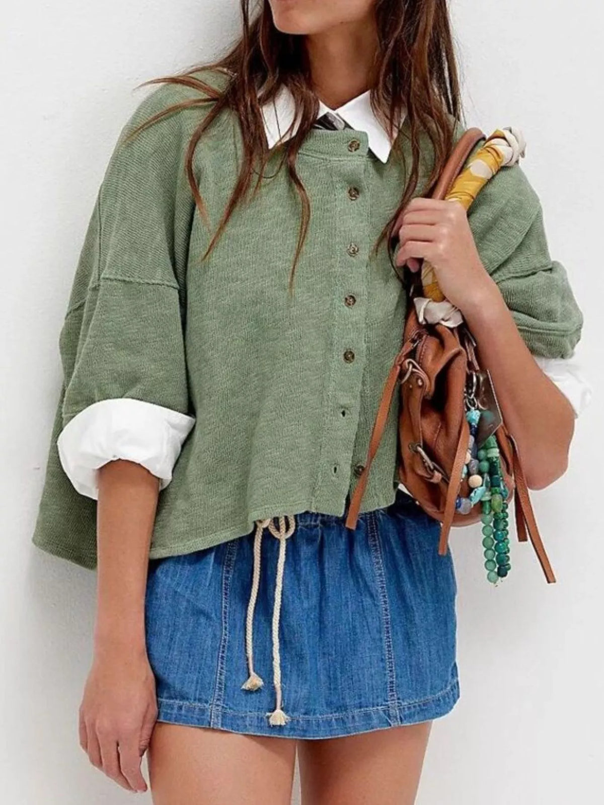 Button-Front Half Sleeve Cardigan