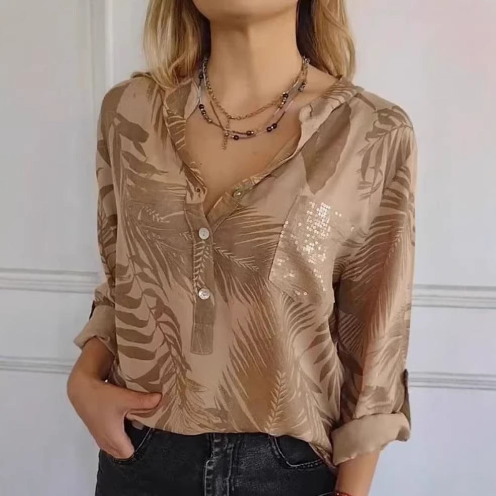 Relaxed-fit Casual Long-sleeve Printed Sequin-pocket Blouse