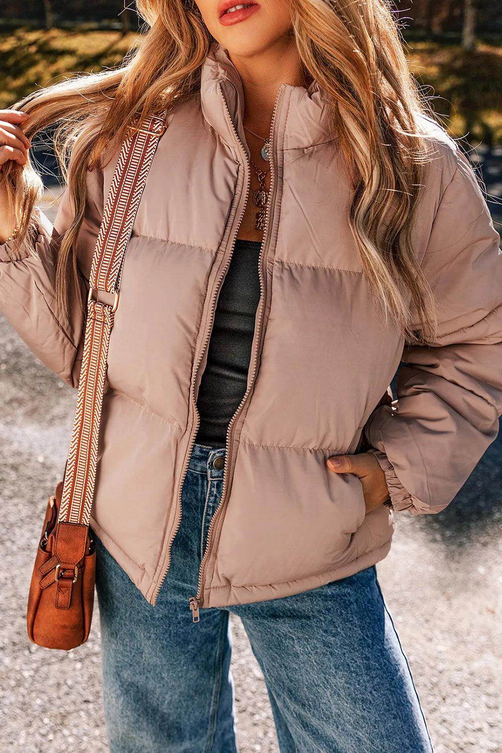 Turtleneck Zip Up Long Sleeve Winter Coat for Women