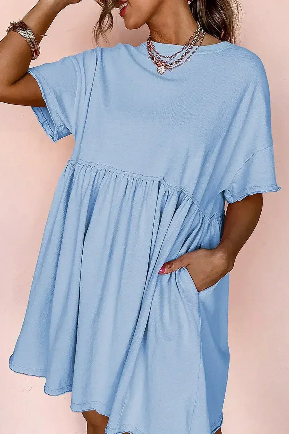 Sky Blue Solid Color Pocket Raw Edge Babydoll Dress