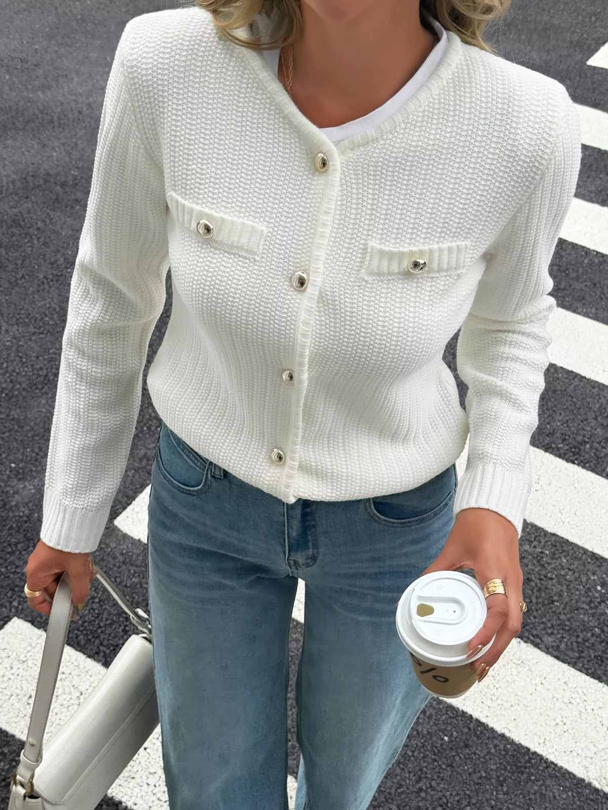 Button-Front Ribbed Long Sleeve Cardigan