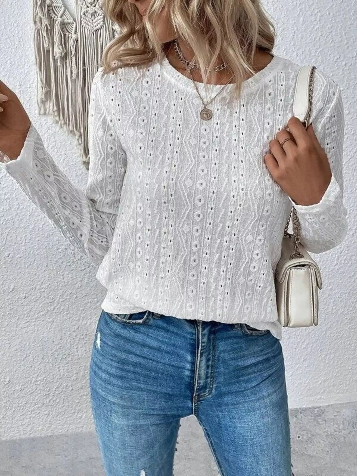 Full Size Eyelet Round Neck Long Sleeve Blouse Plus Size
